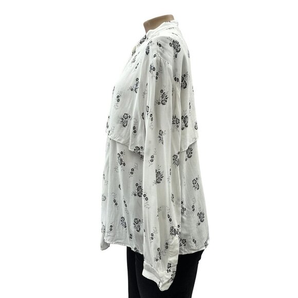 Club Monaco Ferttee Shirt Floral Print Blouse Ruffle Button Details White Size L - Picture 12 of 14